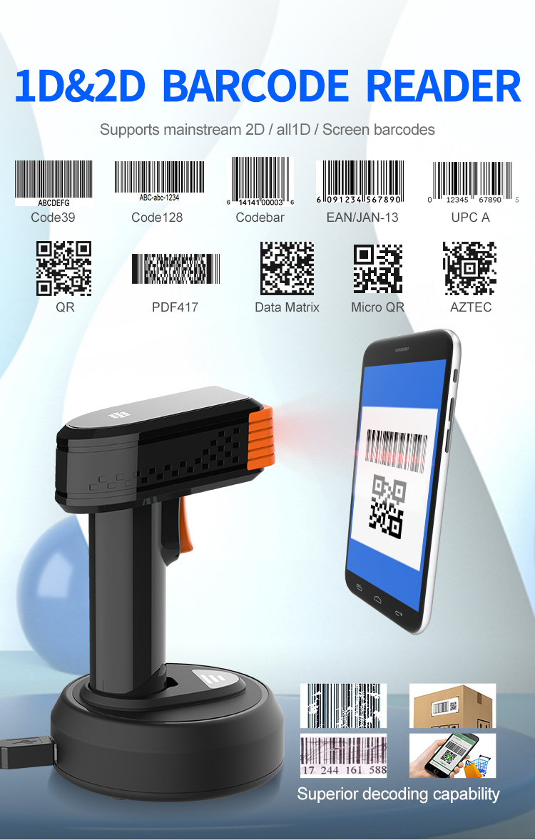 2.4G Handheld Wired 1d 2D Wireless Laser Barcode Scanner